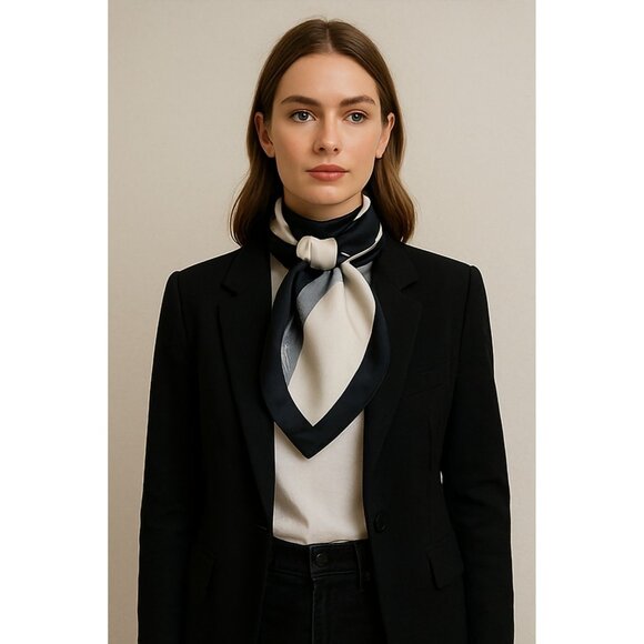 Chang Joh Silk Scarf Square 34x34 Black Gray White Abstract Brushstroke Design - Picture 10 of 10